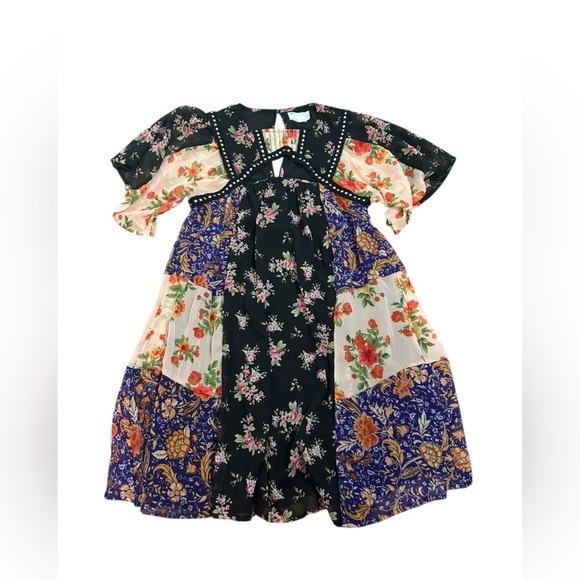 ASOS Black Patchwork Floral Smock Dress with Cutout Fully Lined Womens Sz US 6 - Picture 3 of 13